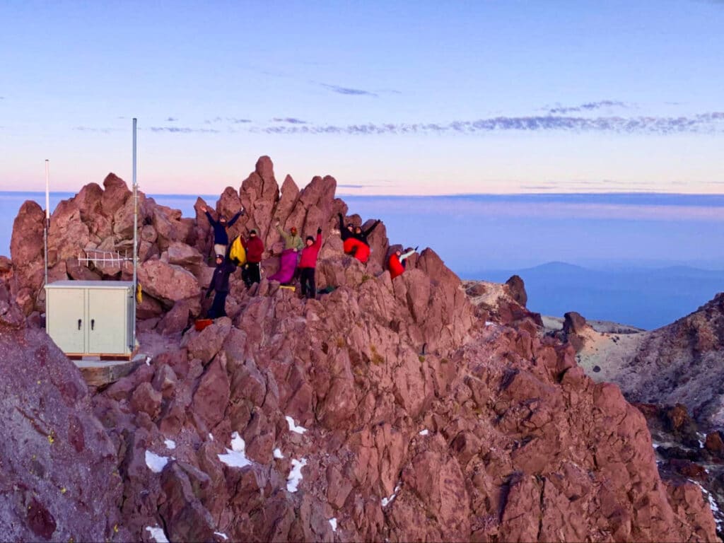 View of the people at the summit of Mt. Lassen at sunrise