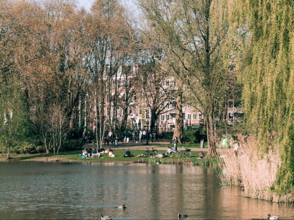 The people relaxing near the lake surrounded by greenery in Oosterpark 