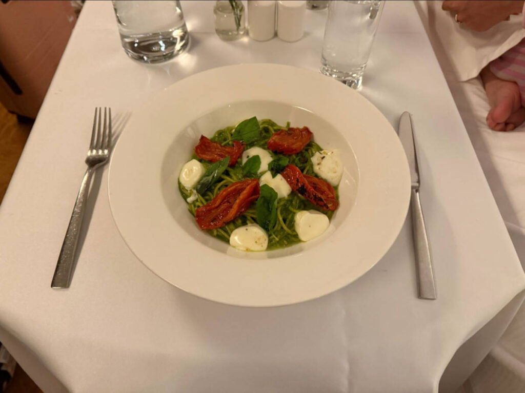 A plate of pesto pasta from Hilton Lima Miraflores