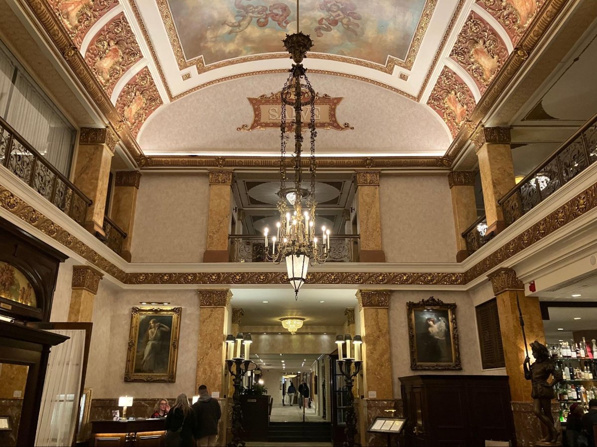 View of the roofing and chandelier at the Pfister Hotel lobby