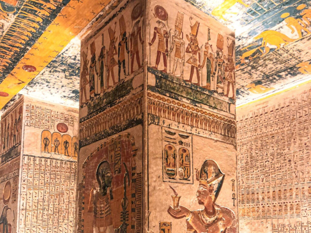 View of the hieroglyphics in the pharaoh's tomb at Valley of the Kings