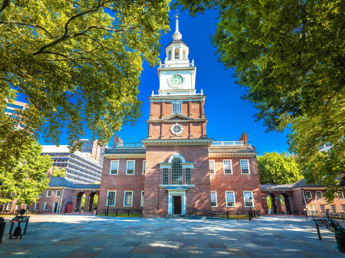 Exterior view of the Independence Hall and the lush greenery around