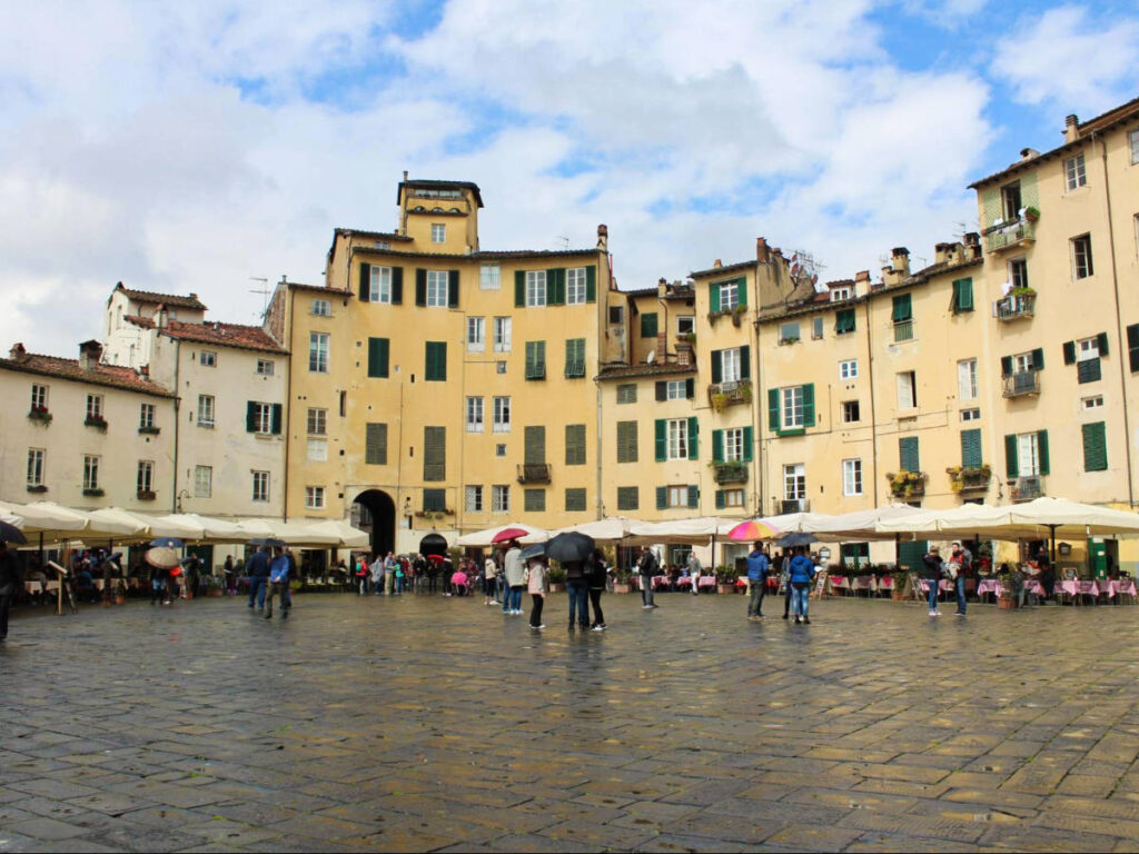 Panoramic view of the unique buildings of Piazza dell'Anfiteatro