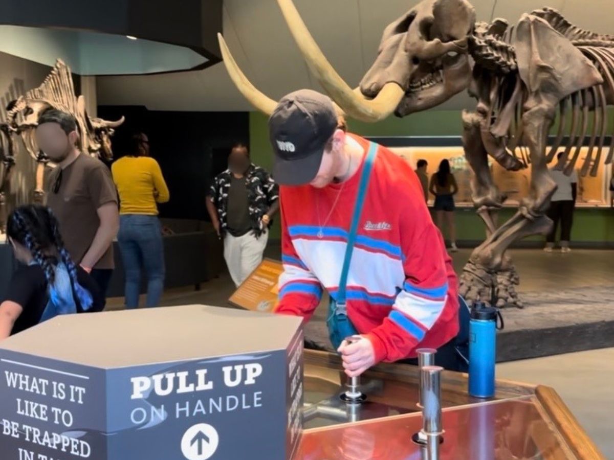 Michael trying the tar pit resistance interactive exhibit at the La Brea Tar Pits museum