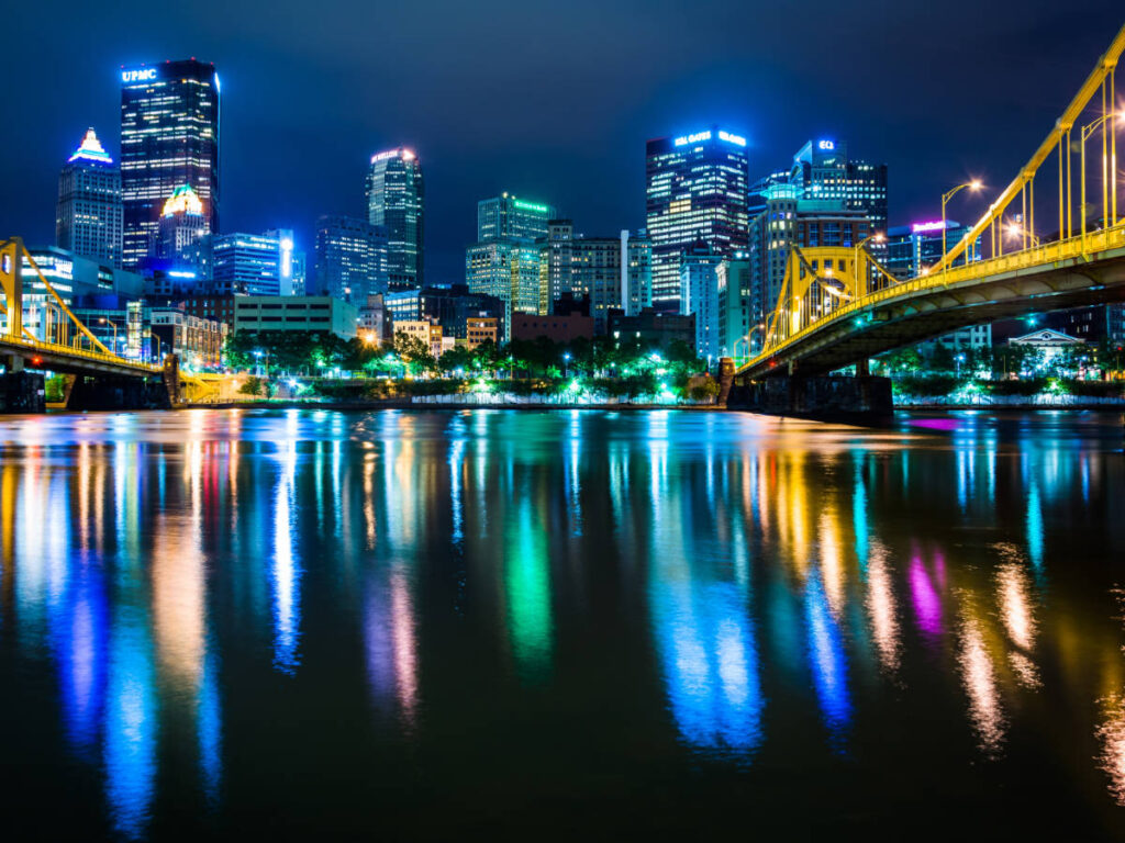 Colorful lights on buildings in Pittsburgh at night