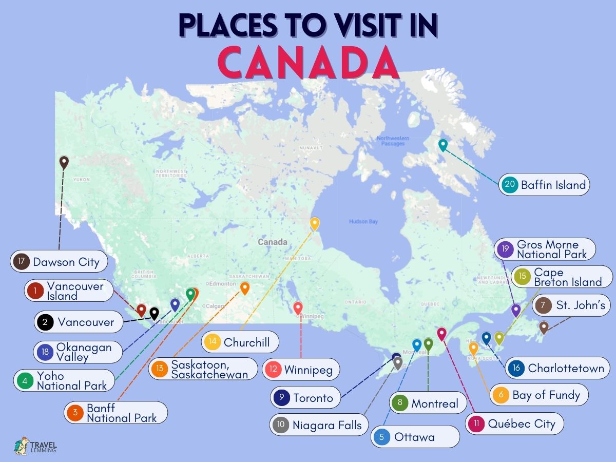A graphics showing the places you can visit in Canada