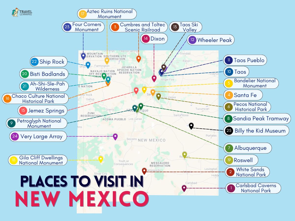 A graphic showing the places you can visit in New Mexico