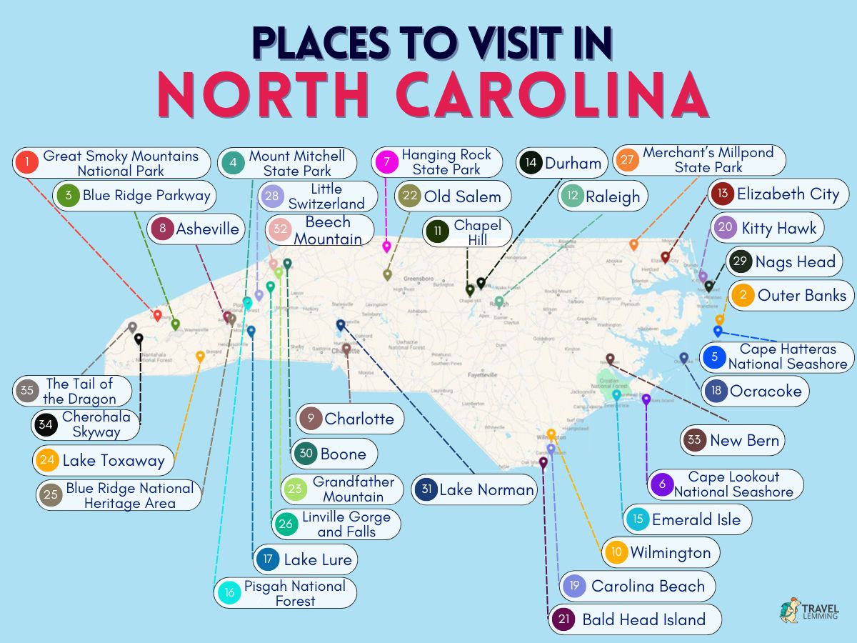 A graphics showing the places you can visit in North Carolina