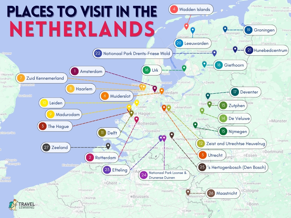 A graphics showing the places you can visit in the Netherlands