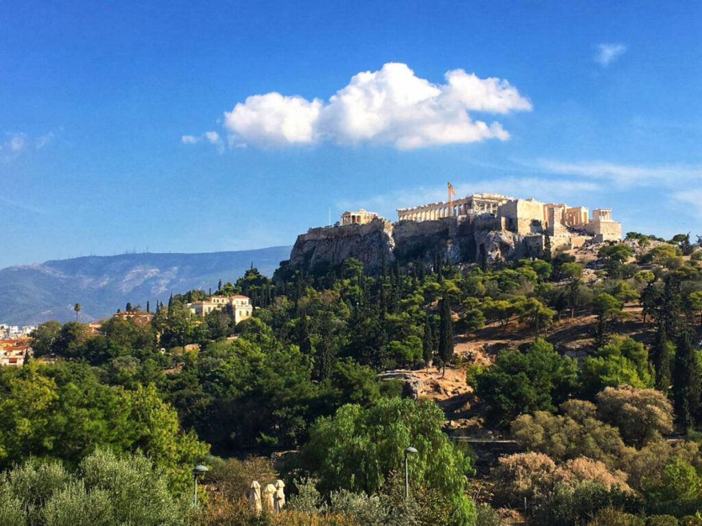 Blue sky over the Plaka and Anafiotika neighbourhood of Athens