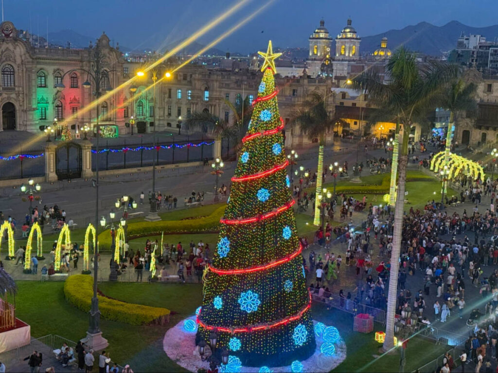 Christmas decorated Plaza Mayor at night