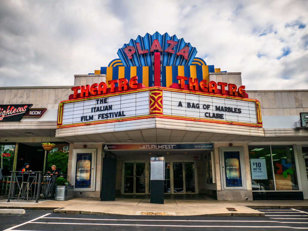 View of the entrance and marquee sign at the Plaza Theatre
