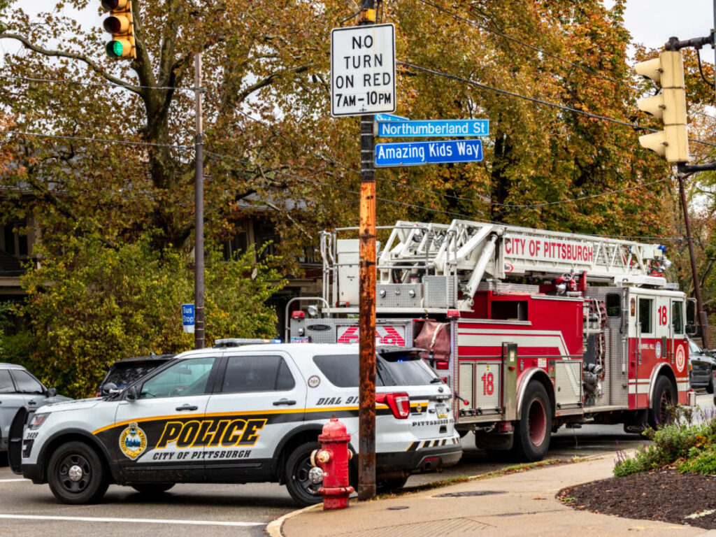 Police car and a fire truck in the street