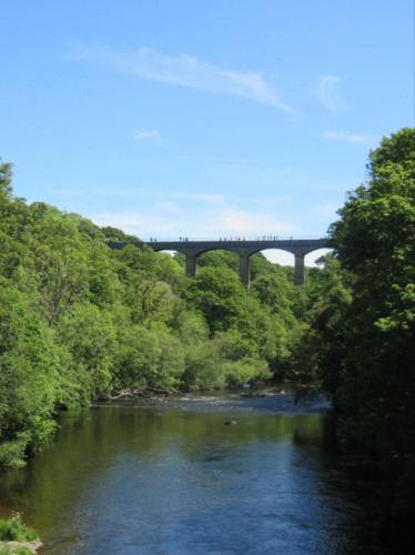 Panoramic view of the Pontcysyllte Aqueduct over the greenery and canal