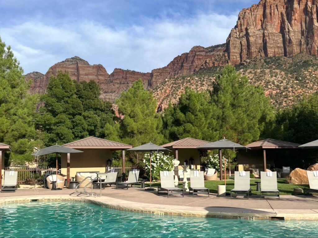 Scenic view of the Zion National Park from the pool area at Red Cliffs Lodge Zion