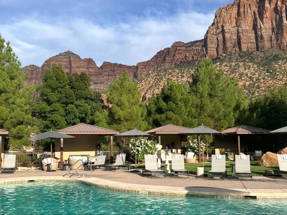 Scenic view of the Zion National Park from the pool area at Red Cliffs Lodge Zion