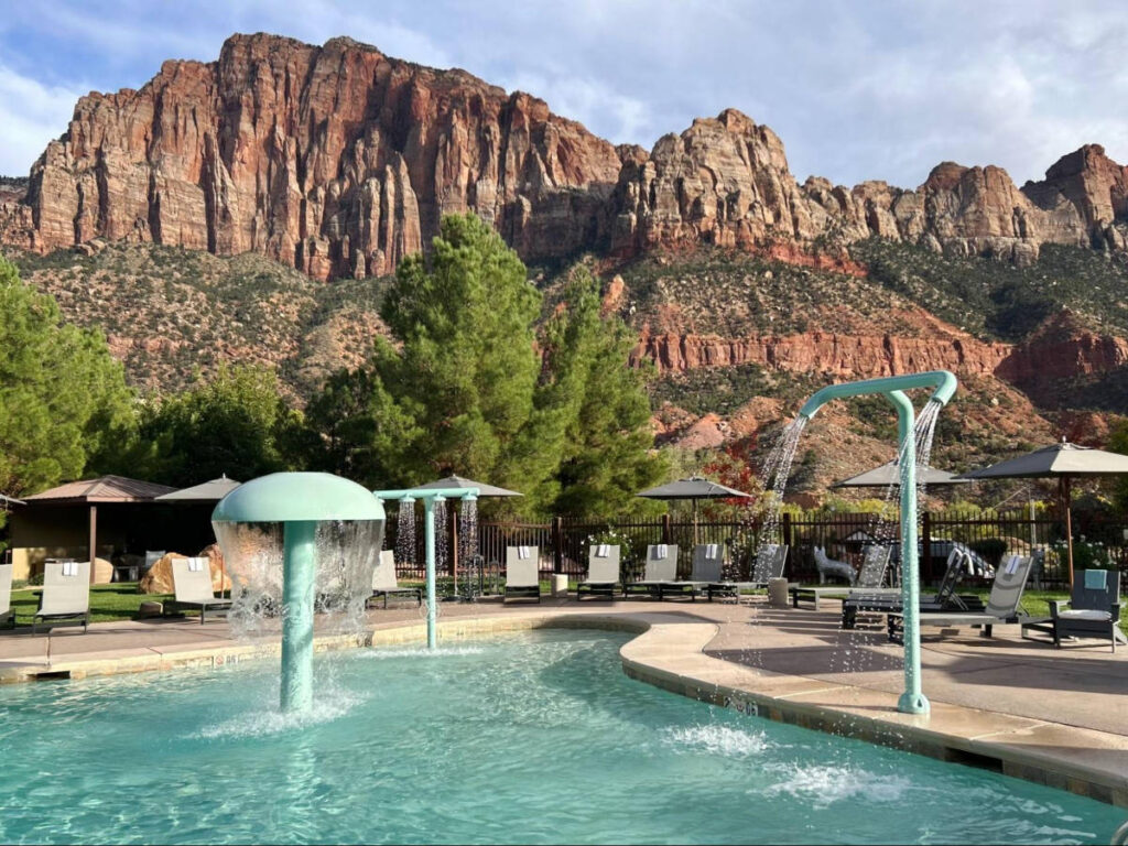 Scenic view of the Zion National Park from the pool area at Red Cliffs Lodge Zion