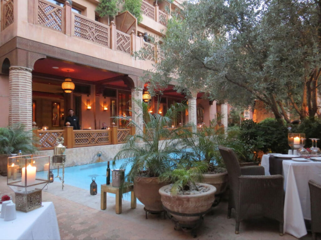 View of the Poolside restaurant at La Maison Arabe