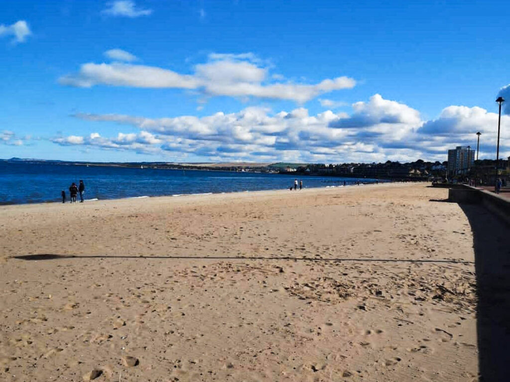 View of the vast white sandy beach in Portobello