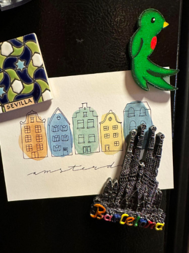 Postcard on the fridge held by reg magnets