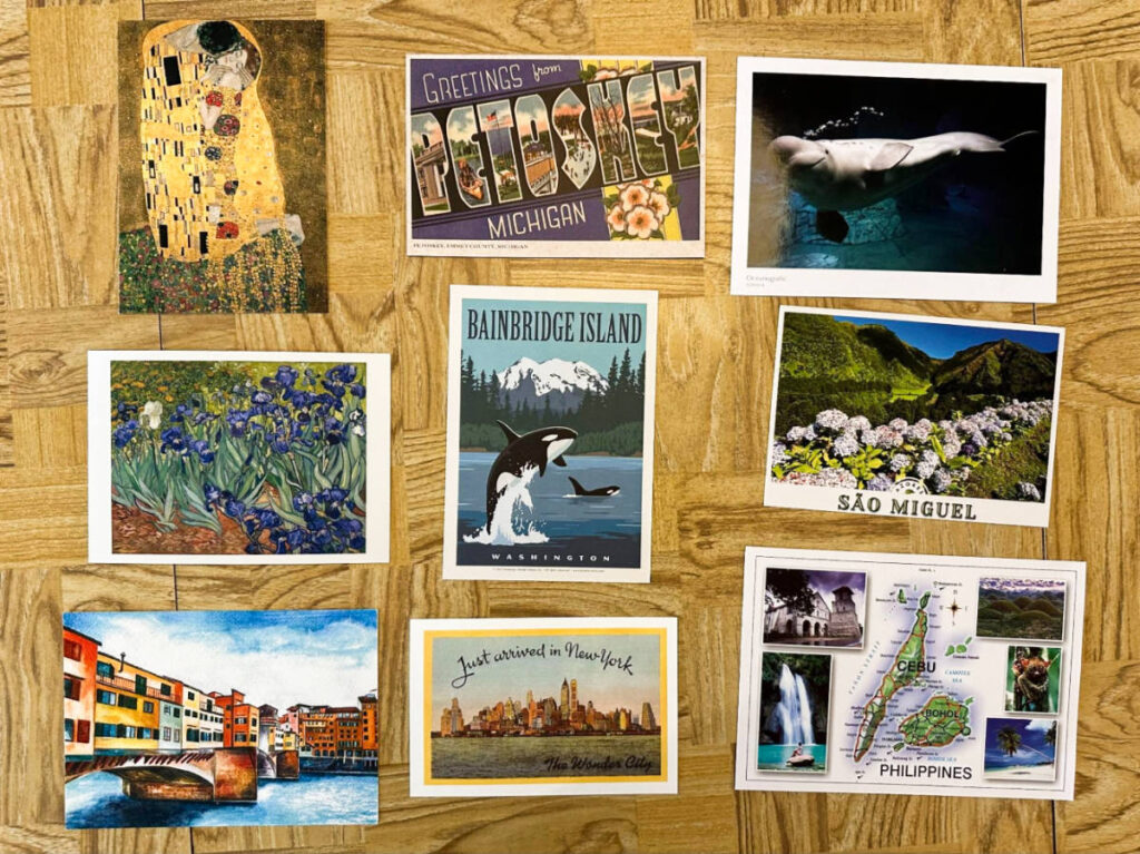 Closeup look of the variety of postcards