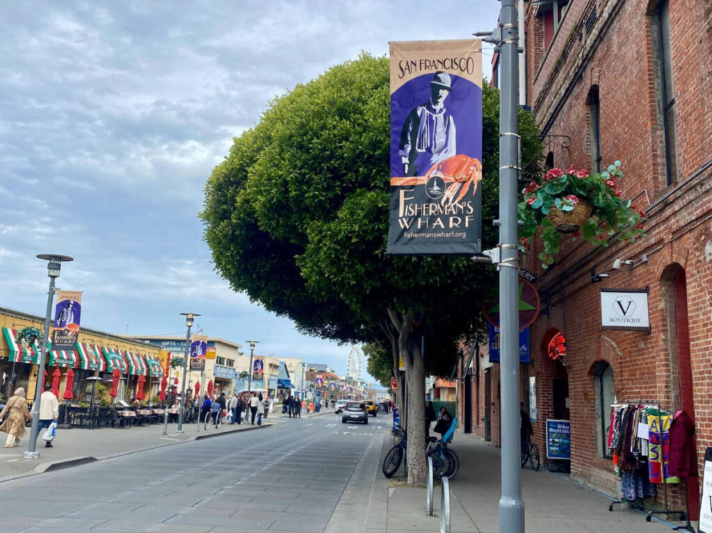 View of the Fisherman’s Wharf posters along the street