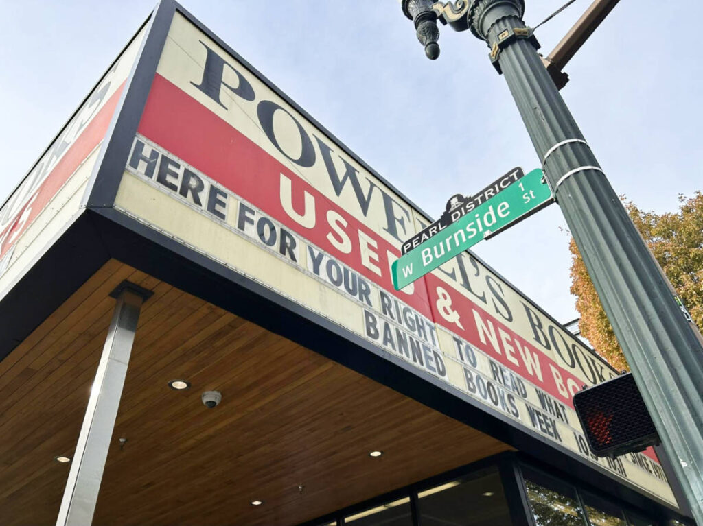 View of the signage outside the Powell’s Books