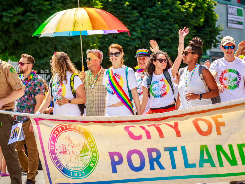 People during the Pride Parade in Portland at summer