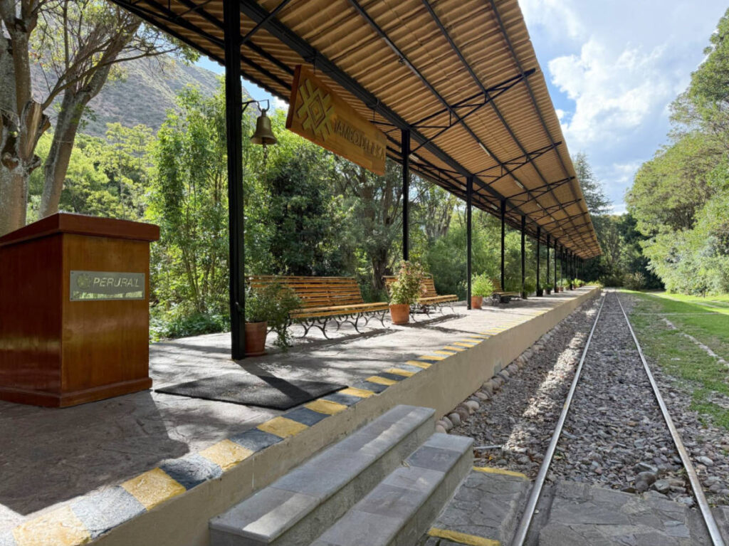 View of the empty private train station at Tambo del Inka for Machu Picchu