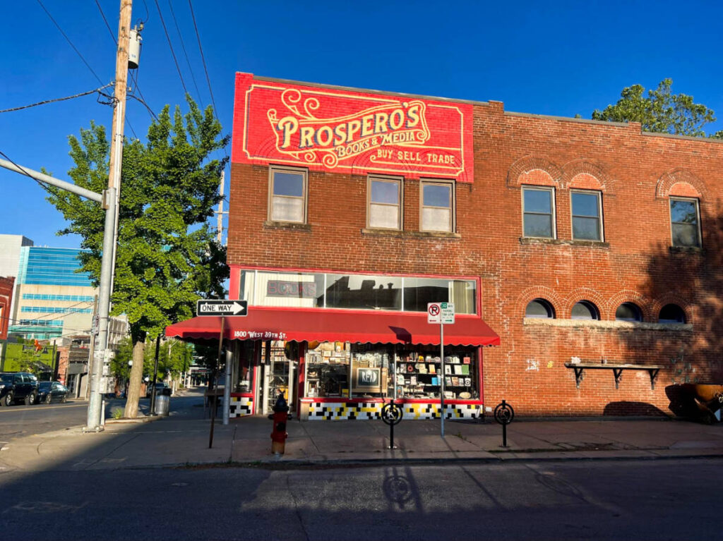 Exterior view of the brick walled building of Prospero’s Books and Media