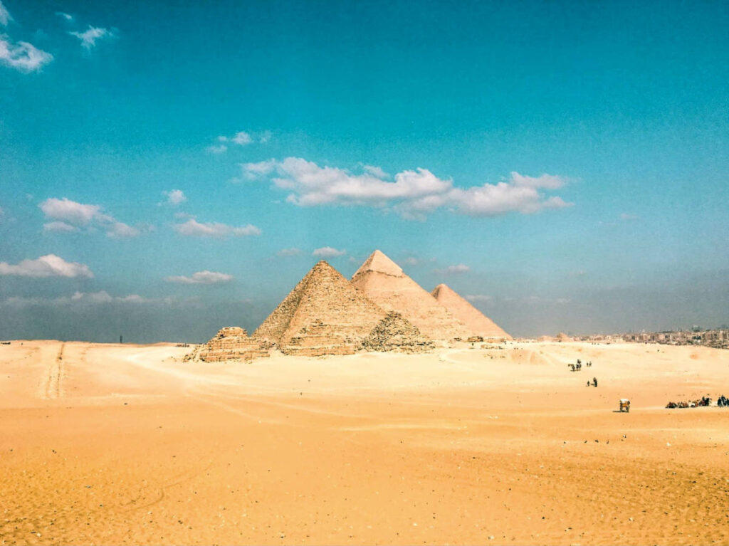 Blue sky over the Pyramids of Giza and the Sphinx