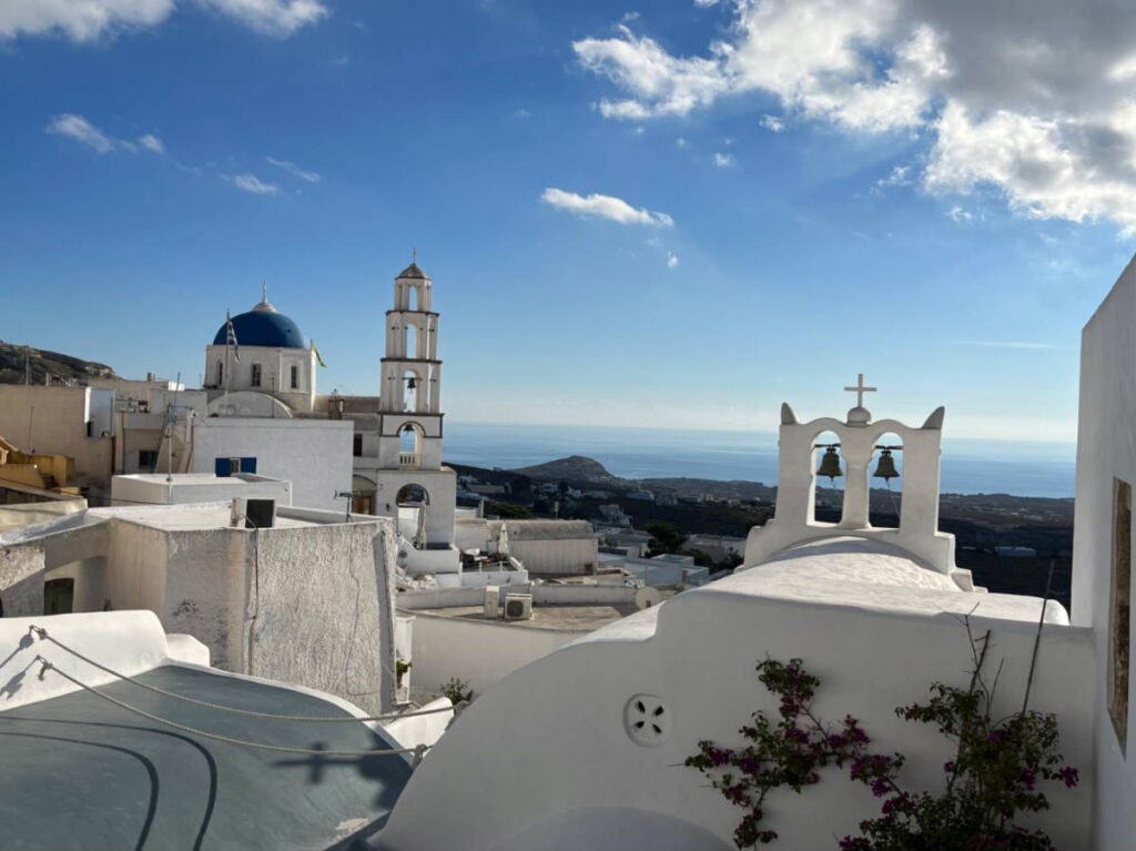View of the whitewashed domes and churches around Pyrgos Kallistis