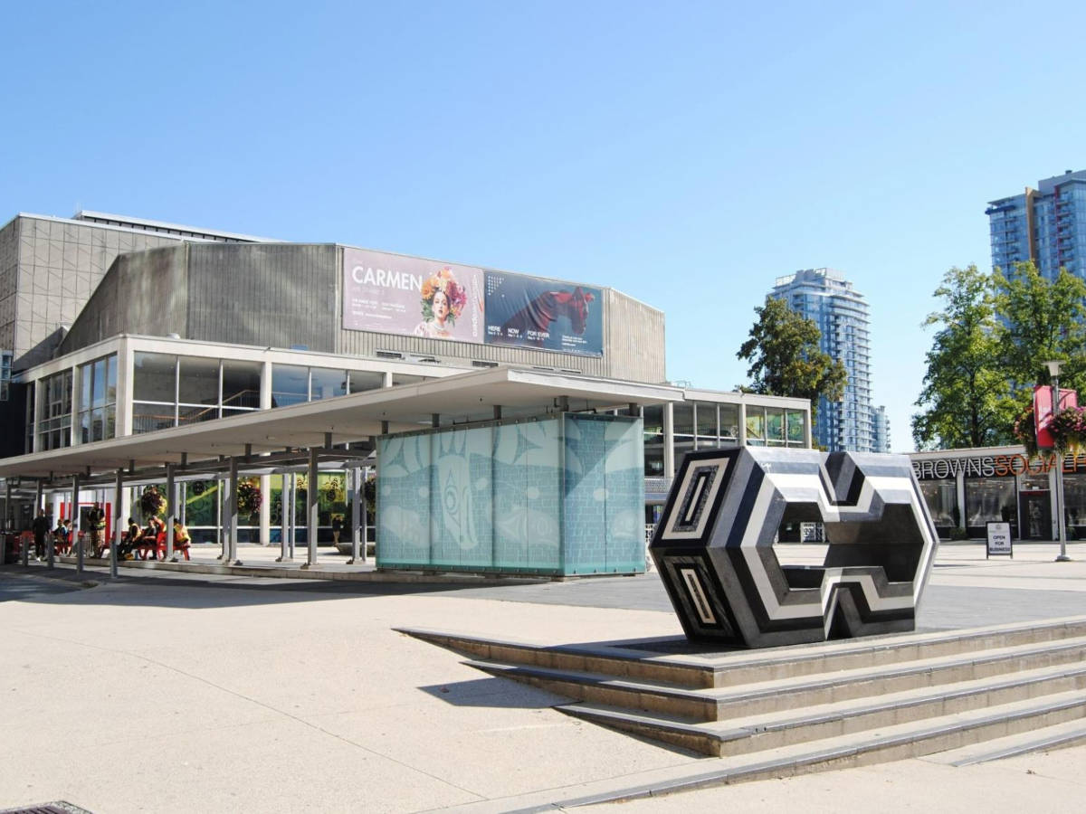 View of the exterior of the Queen Elizabeth Theatre and Plaza