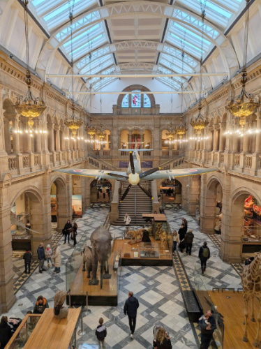 View of the RAF Spitfire plane hanging in the ceiling of the Kelvingrove Art Gallery and Museum