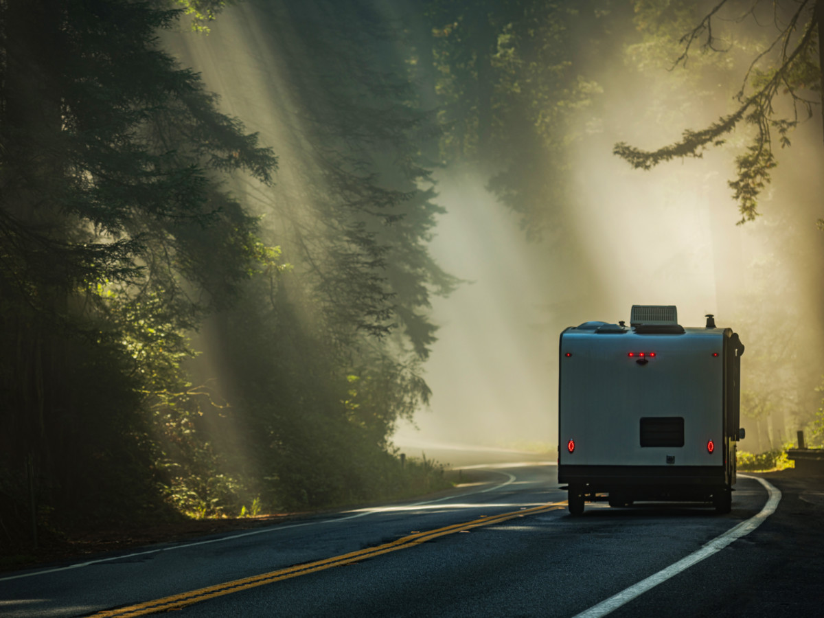 Back view of a RV Travel Trailer in Redwoods National and State Parks