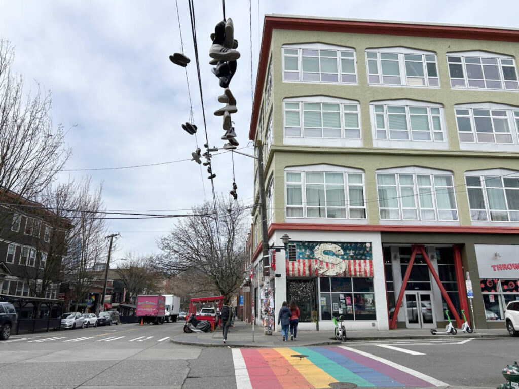 A colorful rainbow crosswalk at the Capitol Hill