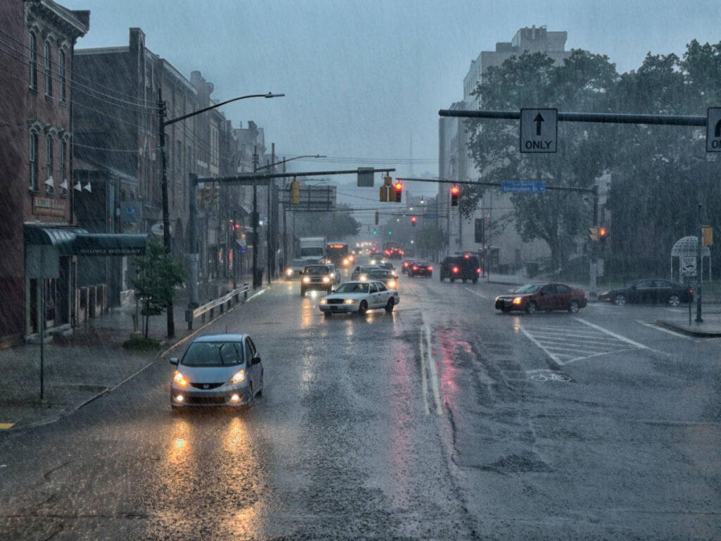 View of the street on a rainy day at night
