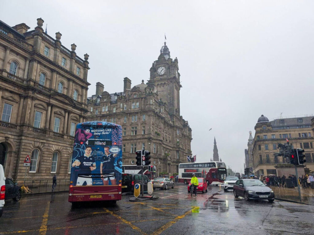 View of the buses and other vehicles in Edinburgh on a rainy day