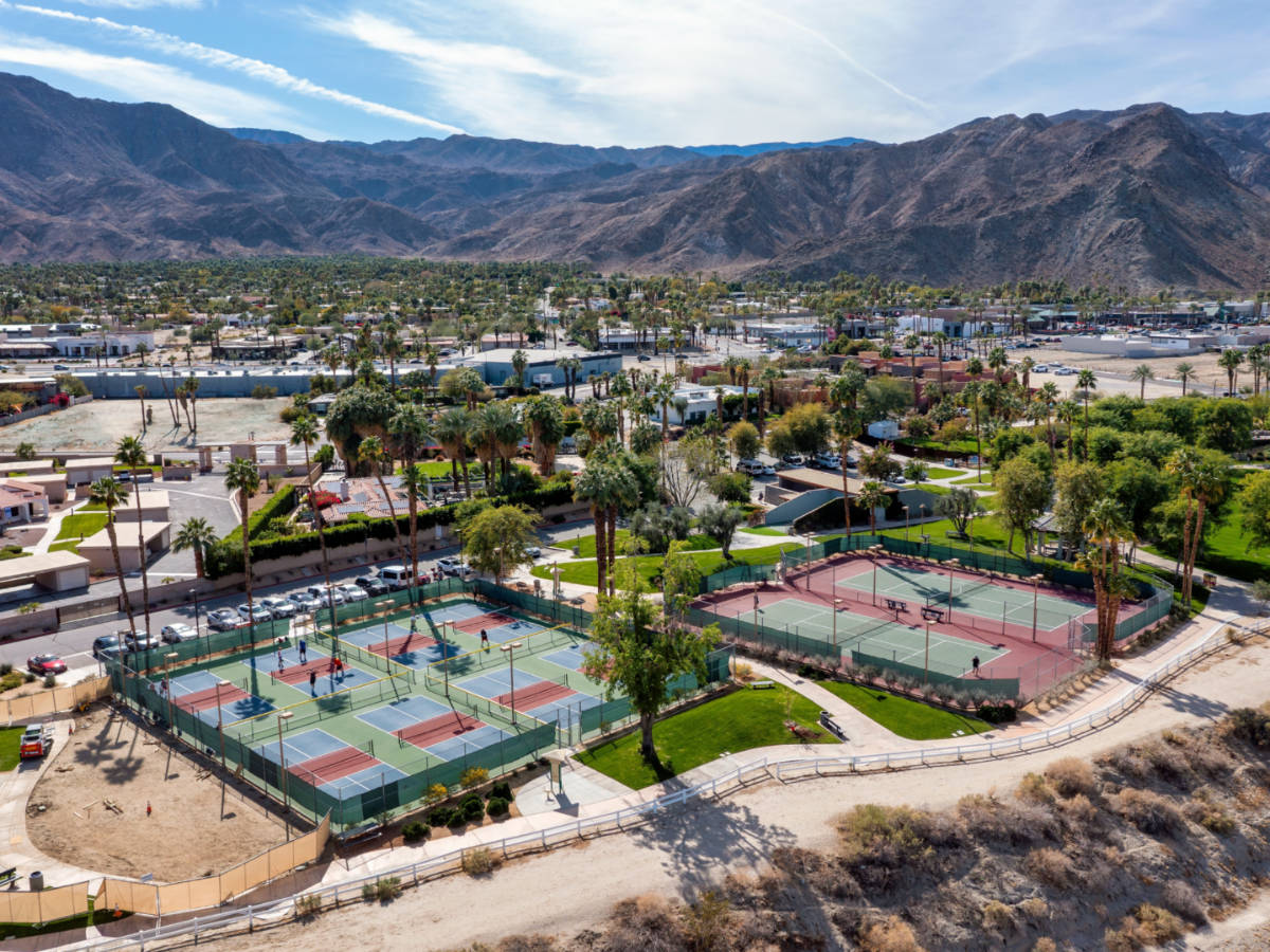 Aerial view of pickleball and tennis courts at Rancho Mirage Community Park