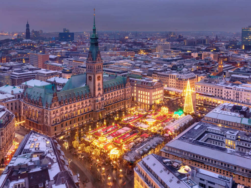 Aerial view of the Christmas market in Rathausmarkt at night