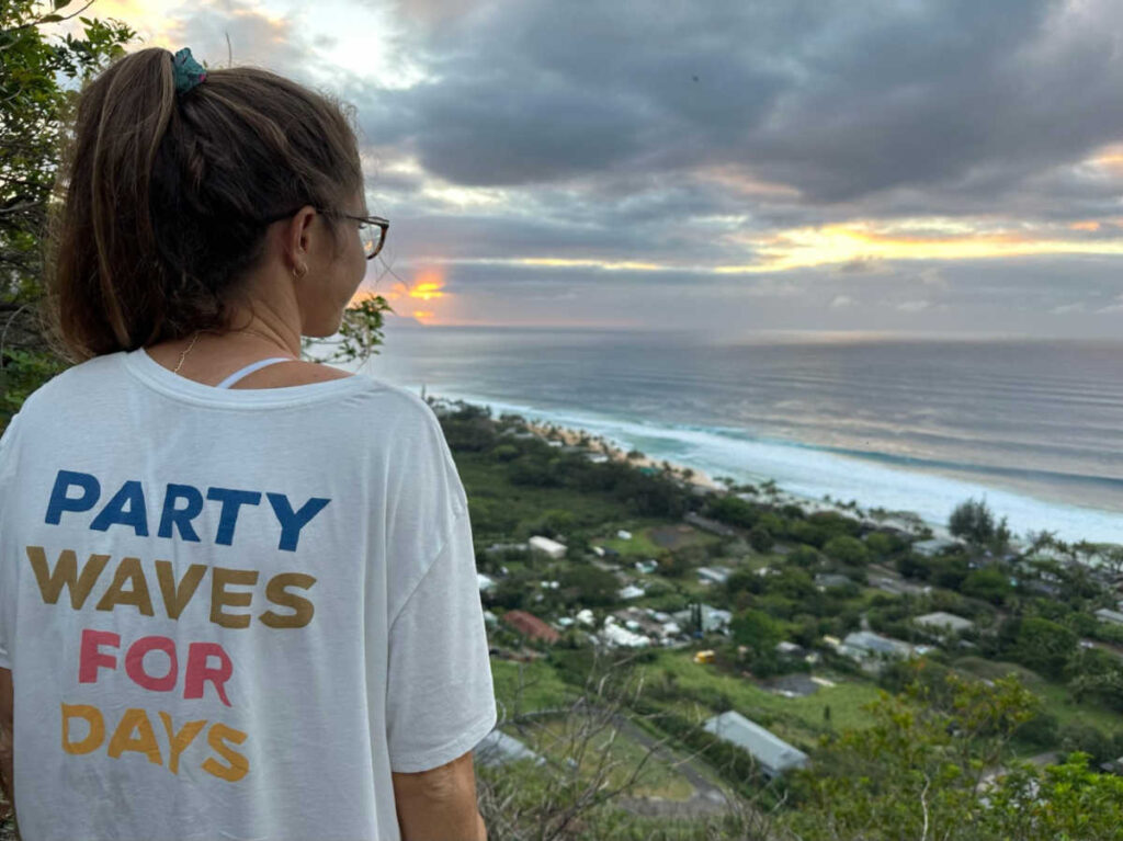 The author Rebecca Parsons overlooking the beach from the hukai Pillbox
