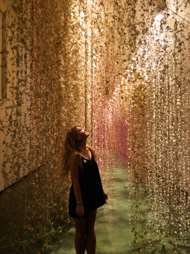 The author Rebecca Parsons checking out the exhibit inside the Honolulu Museum of Art
