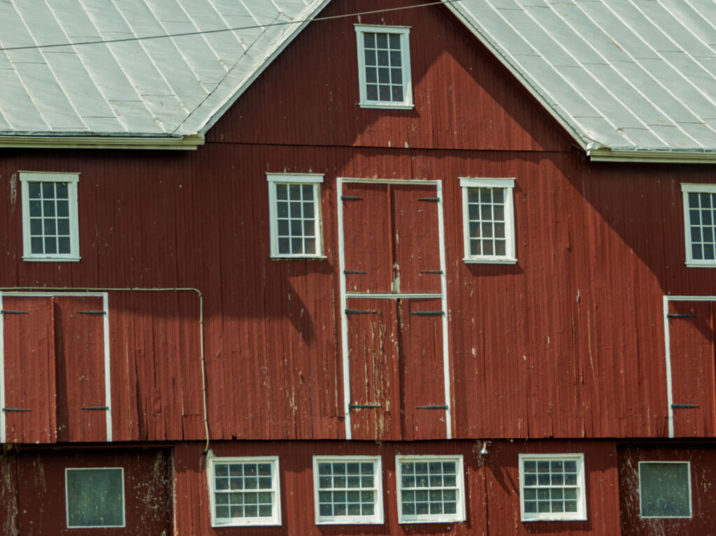 View of a Red wooden barn with multiple white-trimmed windows and doors