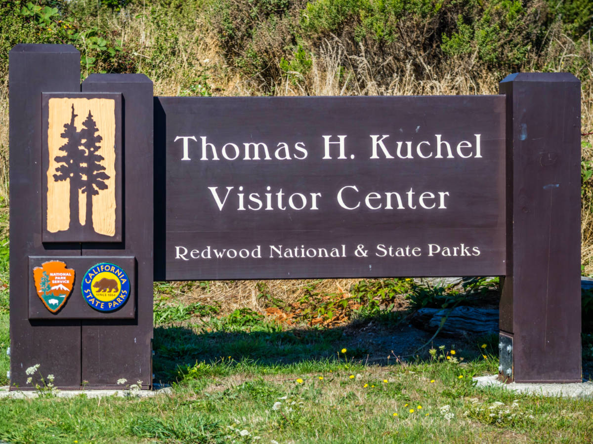 A welcoming signboard at the entry of Redwood National and State Parks