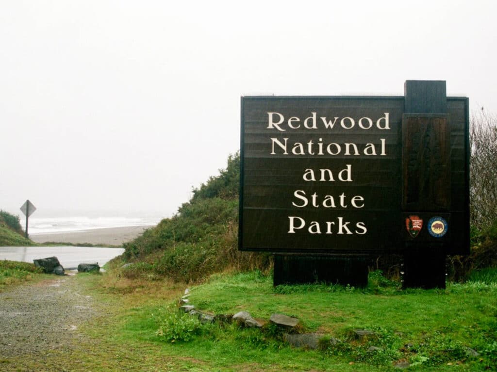 Huge wooden signage of the Redwood National and State Parks
