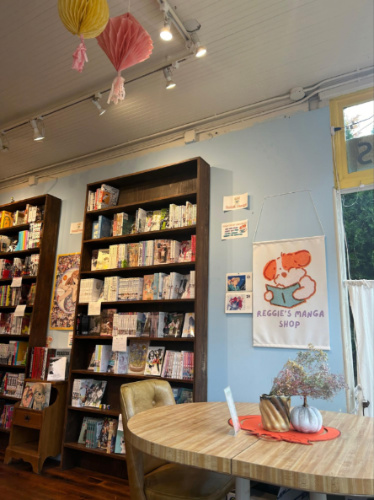 View of the bookshelves inside Reggie’s Manga Shop