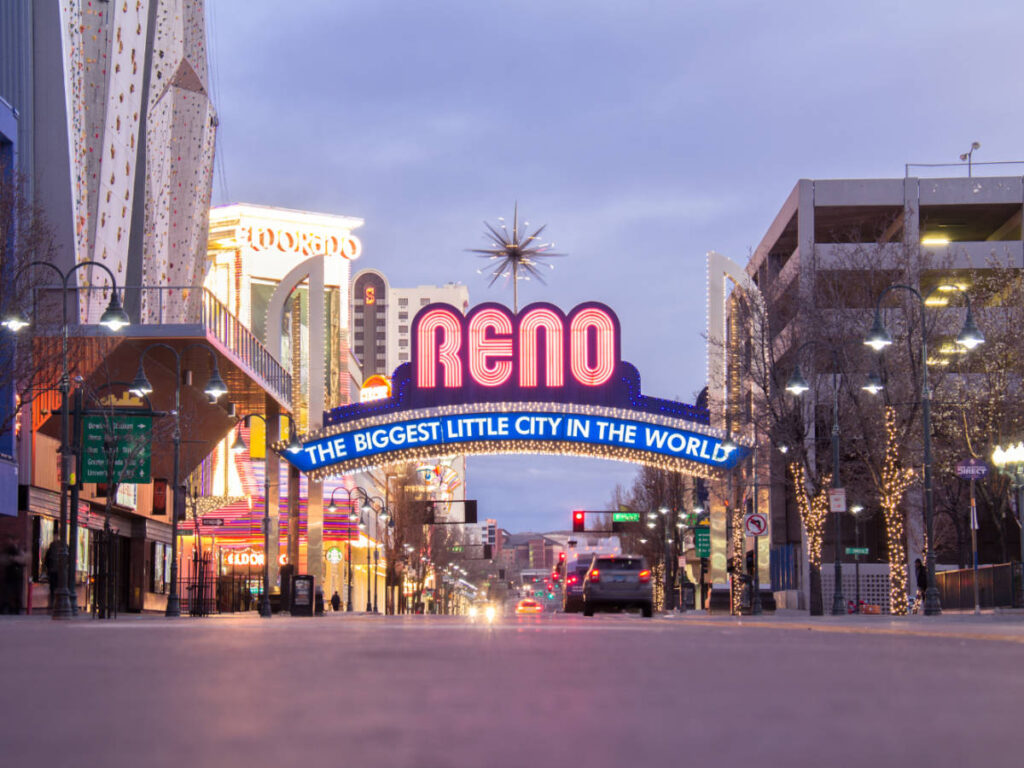 Neon lights on the arch at the entrance of Reno