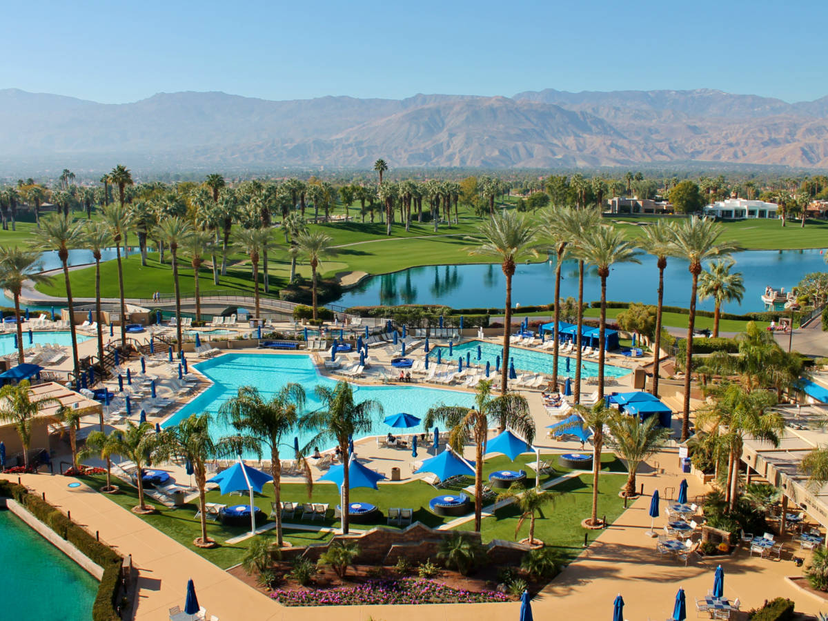 Overlooking swimming pools and a golf course at the Marriott Resort in Palm Springs California