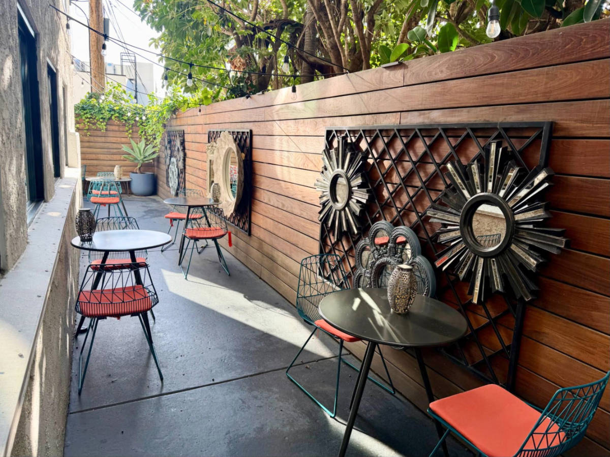 The chic decor of the restaurant’s outdoor patio