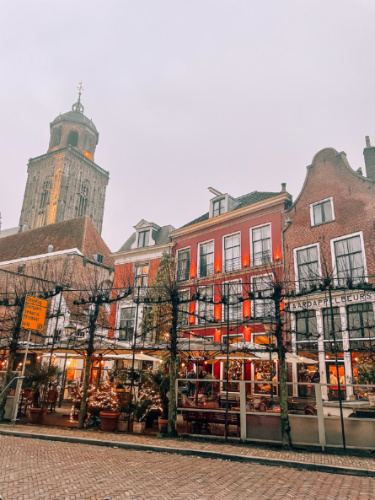 The restaurants lined along the street in Deventer